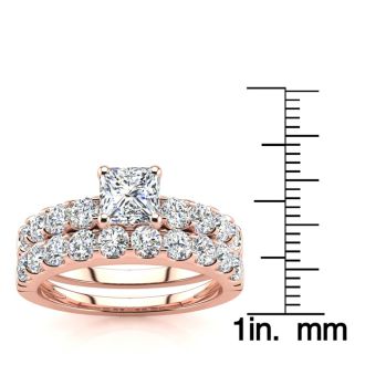 2 Carat Princess Center Engagement Ring and Wedding Band Set In 14K Rose Gold
