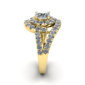 2 1/4 Carat Bypass Round Halo Diamond Engagement Ring in 14 Karat Yellow Gold