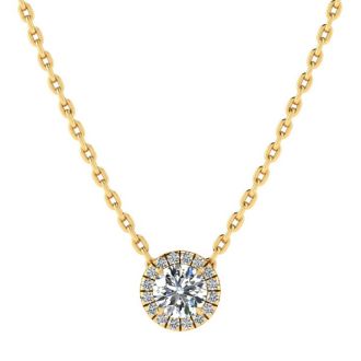 1/2ct Halo Diamond Necklace In 14K Yellow Gold