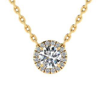 7/8ct Halo Diamond Necklace In 14K Yellow Gold