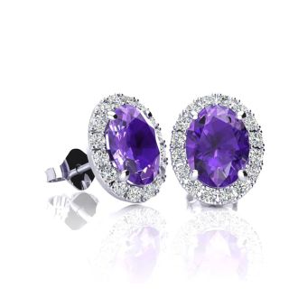 1 Carat Oval Shape Amethyst and Halo Diamond Stud Earrings In 14 Karat White Gold