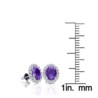 1 Carat Oval Shape Amethyst and Halo Diamond Stud Earrings In 14 Karat White Gold
