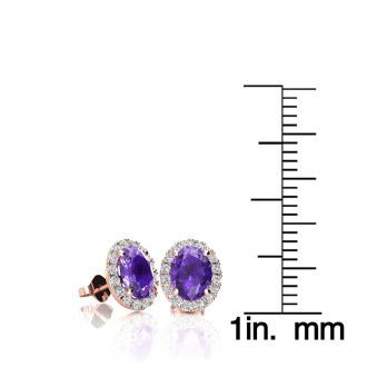 1 Carat Oval Shape Amethyst and Halo Diamond Stud Earrings In 14 Karat Rose Gold