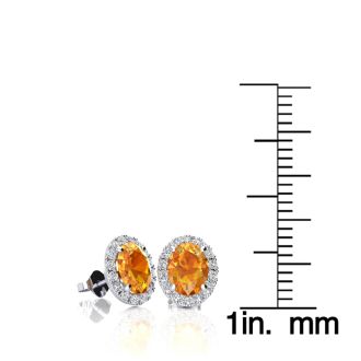 1 Carat Oval Shape Citrine and Halo Diamond Stud Earrings In 14 Karat White Gold
