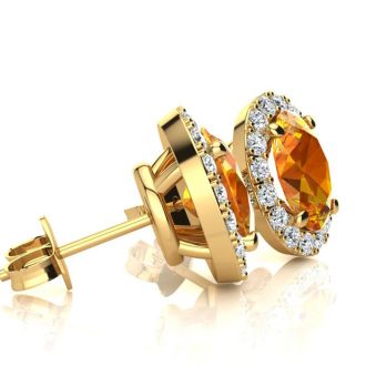 1 Carat Oval Shape Citrine and Halo Diamond Stud Earrings In 14 Karat Yellow Gold