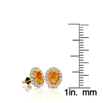 1 Carat Oval Shape Citrine and Halo Diamond Stud Earrings In 14 Karat Yellow Gold