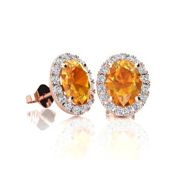 1 Carat Oval Shape Citrine and Halo Diamond Stud Earrings In 14 Karat Rose Gold