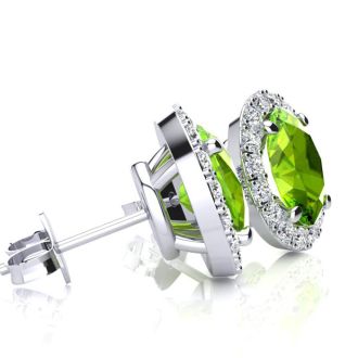 1 Carat Oval Shape Peridot and Halo Diamond Stud Earrings In 14 Karat White Gold