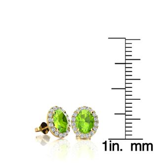 1 Carat Oval Shape Peridot and Halo Diamond Stud Earrings In 14 Karat Yellow Gold