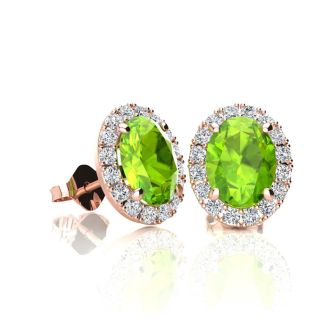 1 Carat Oval Shape Peridot and Halo Diamond Stud Earrings In 14 Karat Rose Gold