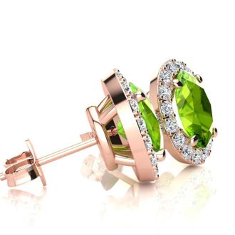 1 Carat Oval Shape Peridot and Halo Diamond Stud Earrings In 14 Karat Rose Gold