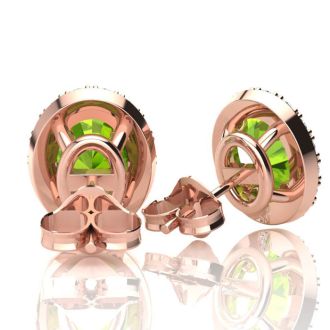 1 Carat Oval Shape Peridot and Halo Diamond Stud Earrings In 14 Karat Rose Gold