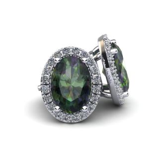 1 1/4 Carat Oval Shape Mystic Topaz and Halo Diamond Stud Earrings In 14 Karat White Gold