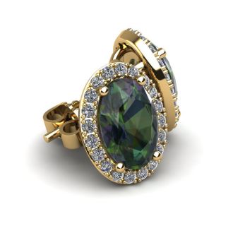 1 1/4 Carat Oval Shape Mystic Topaz and Halo Diamond Stud Earrings In 14 Karat Yellow Gold