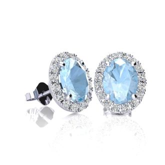 Aquamarine Earrings: Aquamarine Jewelry: 1 Carat Oval Shape Aquamarine and Halo Diamond Stud Earrings In 14 Karat White Gold