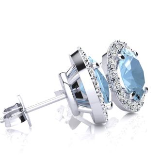 Aquamarine Earrings: Aquamarine Jewelry: 1 Carat Oval Shape Aquamarine and Halo Diamond Stud Earrings In 14 Karat White Gold
