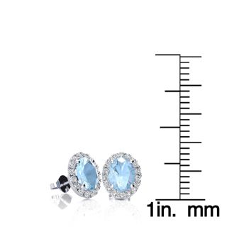Aquamarine Earrings: Aquamarine Jewelry: 1 Carat Oval Shape Aquamarine and Halo Diamond Stud Earrings In 14 Karat White Gold