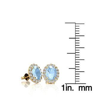 Aquamarine Earrings: Aquamarine Jewelry: 1 Carat Oval Shape Aquamarine and Halo Diamond Stud Earrings In 14 Karat Yellow Gold