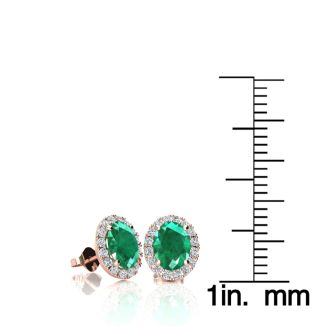 1 Carat Oval Shape Emerald and Halo Diamond Stud Earrings In 14 Karat Rose Gold