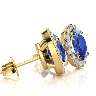 1 1/4 Carat Oval Shape Tanzanite and Halo Diamond Stud Earrings In 14 Karat Yellow Gold