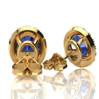 1 1/4 Carat Oval Shape Tanzanite and Halo Diamond Stud Earrings In 14 Karat Yellow Gold