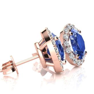 1 1/4 Carat Oval Shape Tanzanite and Halo Diamond Stud Earrings In 14 Karat Rose Gold
