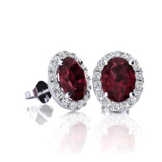 Garnet Earrings: Garnet Jewelry: 1 1/4 Carat Oval Shape Garnet and Halo Diamond Stud Earrings In 14 Karat White Gold