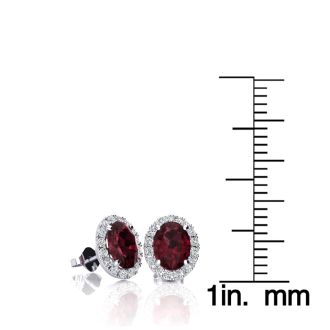 Garnet Earrings: Garnet Jewelry: 1 1/4 Carat Oval Shape Garnet and Halo Diamond Stud Earrings In 14 Karat White Gold