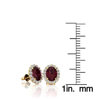 Garnet Earrings: Garnet Jewelry: 1 1/4 Carat Oval Shape Garnet and Halo Diamond Stud Earrings In 14 Karat Yellow Gold