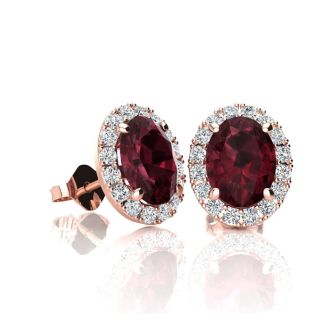 Garnet Earrings: Garnet Jewelry: 1 1/4 Carat Oval Shape Garnet and Halo Diamond Stud Earrings In 14 Karat Rose Gold
