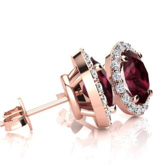 Garnet Earrings: Garnet Jewelry: 1 1/4 Carat Oval Shape Garnet and Halo Diamond Stud Earrings In 14 Karat Rose Gold