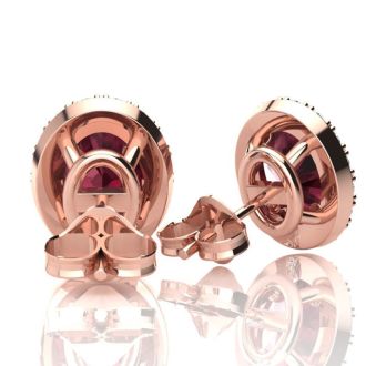 1 1/4 Carat Oval Shape Garnet and Halo Diamond Stud Earrings In 14 Karat Rose Gold