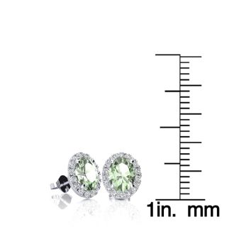 1 Carat Oval Shape Green Amethyst and Halo Diamond Stud Earrings In 14 Karat White Gold