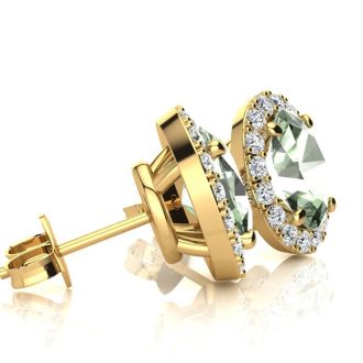 1 Carat Oval Shape Green Amethyst and Halo Diamond Stud Earrings In 14 Karat Yellow Gold