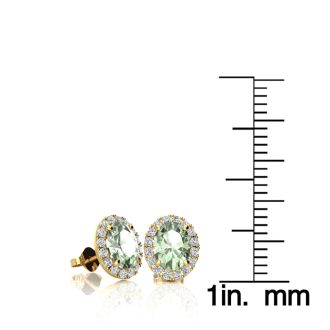 1 Carat Oval Shape Green Amethyst and Halo Diamond Stud Earrings In 14 Karat Yellow Gold