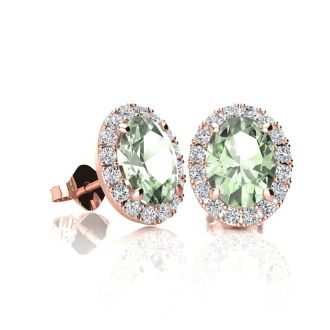 1 Carat Oval Shape Green Amethyst and Halo Diamond Stud Earrings In 14 Karat Rose Gold