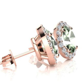 1 Carat Oval Shape Green Amethyst and Halo Diamond Stud Earrings In 14 Karat Rose Gold