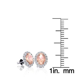 1 Carat Oval Shape Morganite and Halo Diamond Stud Earrings In 14 Karat White Gold
