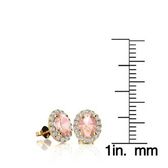 1 Carat Oval Shape Morganite Earrings and Diamond Halo In 14 Karat Yellow Gold