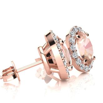 1 Carat Oval Shape Morganite Earrings and Diamond Halo In 14 Karat Rose Gold