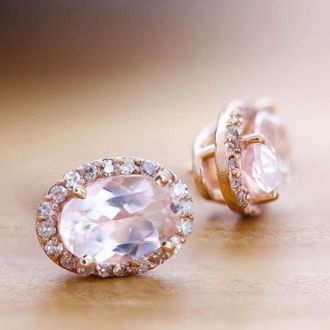 1 Carat Oval Shape Morganite and Halo Diamond Stud Earrings In 14 Karat Rose Gold