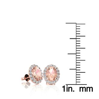 1 Carat Oval Shape Morganite Earrings and Diamond Halo In 14 Karat Rose Gold