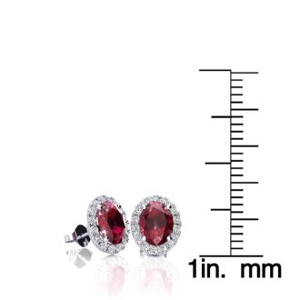 1 1/4 Carat Oval Shape Ruby and Halo Diamond Stud Earrings In 14 Karat White Gold