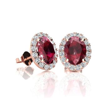 1 1/4 Carat Oval Shape Ruby and Halo Diamond Stud Earrings In 14 Karat Rose Gold
