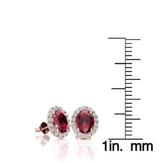 1 1/4 Carat Oval Shape Ruby and Halo Diamond Stud Earrings In 14 Karat Rose Gold