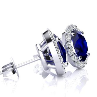 1 1/3 Carat Oval Shape Sapphire and Halo Diamond Stud Earrings In 14 Karat White Gold