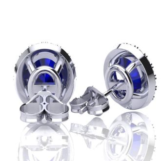 1 1/3 Carat Oval Shape Sapphire and Halo Diamond Stud Earrings In 14 Karat White Gold