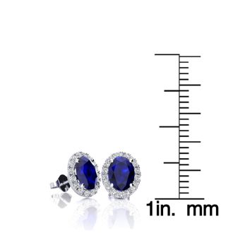 1 1/3 Carat Oval Shape Sapphire and Halo Diamond Stud Earrings In 14 Karat White Gold