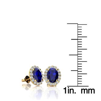 1 1/3 Carat Oval Shape Sapphire and Halo Diamond Stud Earrings In 14 Karat Yellow Gold