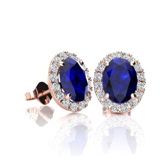 1 1/3 Carat Oval Shape Sapphire and Halo Diamond Stud Earrings In 14 Karat Rose Gold